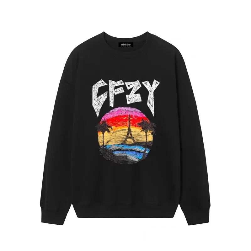 DESIER CFZY Paris Tower Print round Neck Sweatshirt Unisex Loose Casual Thin Top Streetwear Fashion Basic Crewneck Pullover