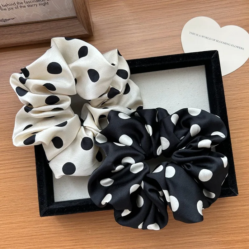 

Korea Fashion Dot Satin Scrunchies For Women White big Hair Bands Elastic Silk Hair Tie Girls Black ponytail holder hair rope