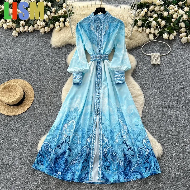 

LISM Winter dresses woman Chic vintage split long sleeve print slim Elegant Fairy korean fashion Boho Sundress clothing dress