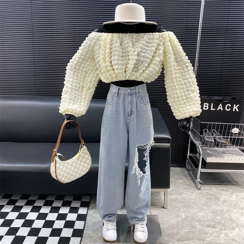 New 2022 fashion Designer new style Famous brand Straight neck strapless Long sleeve Top Bubble lattice Exposed navel Top