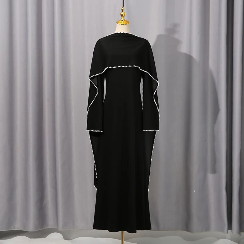 2026 Neues Französisches Elegantes Abendkleid in Unifarbe mit Langen Ärmeln und Schal-Design Schlankmachendes und Elegantes Langes Kleid – Detail 26