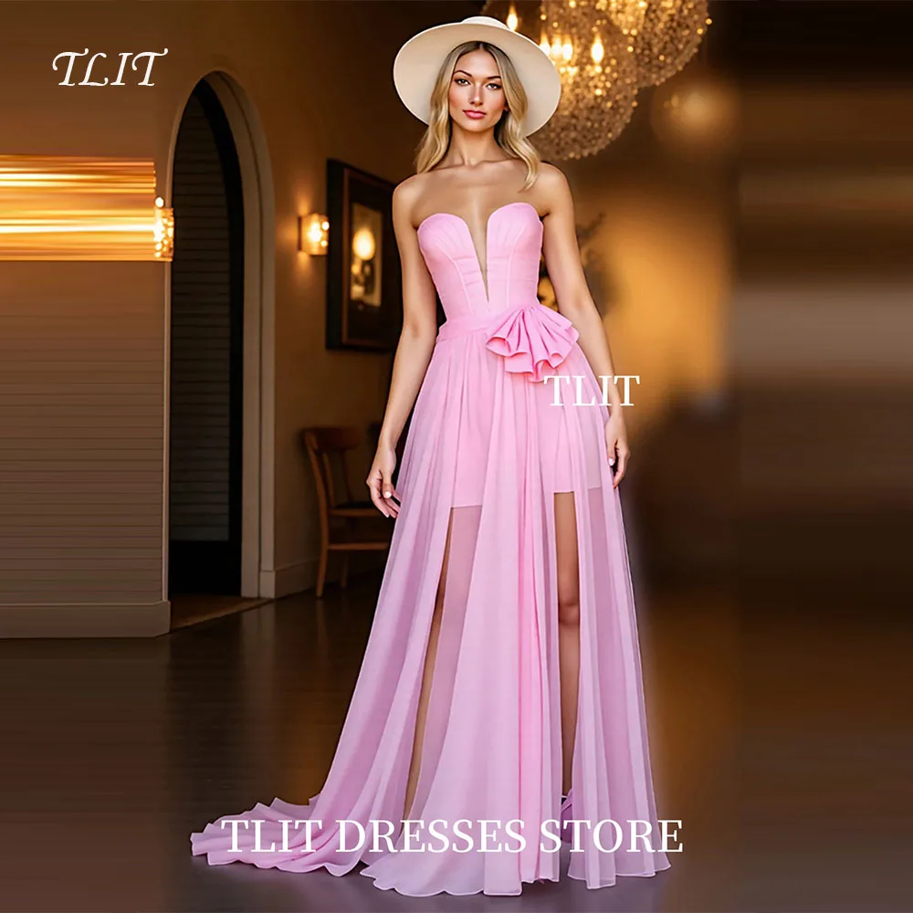 TLIT Sexy Baby Roze Satijn Korte Avondjurken Gedrapeerde Chiffon Zoom Galajurken Aangepaste Strapless Hoge Split فستان • 1897