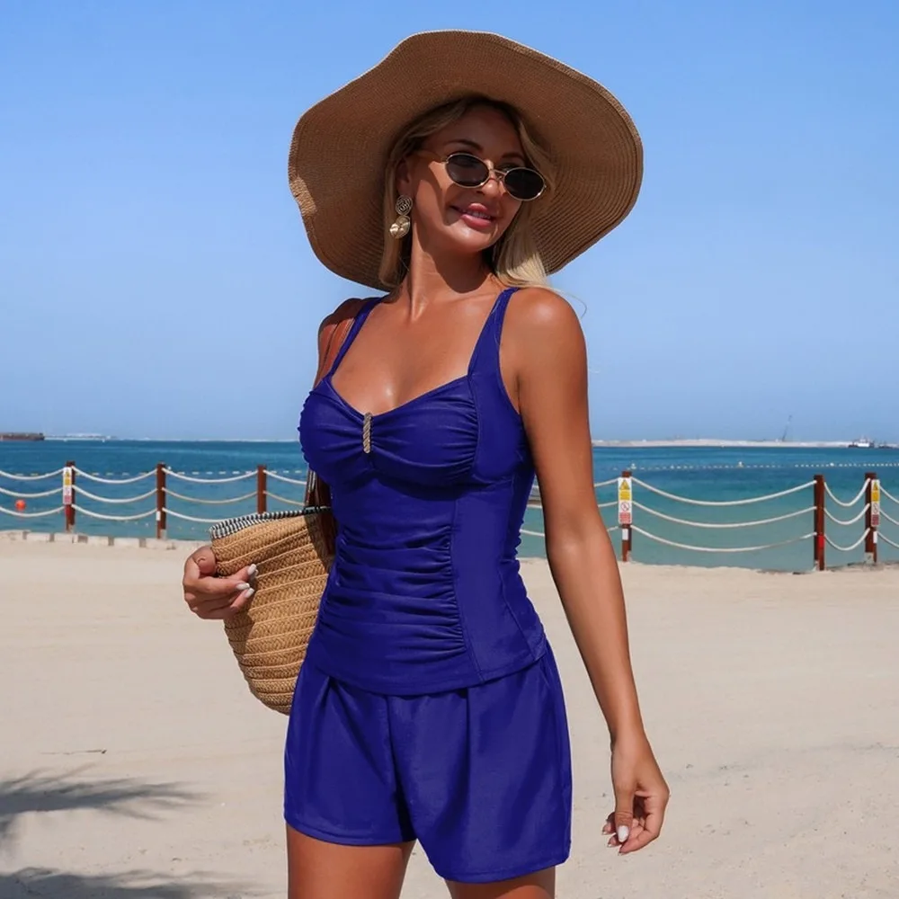 2026 Women's Two Piece Tankini Swimsuits With Pockets Wide Leg Swim Shorts Bathing Suit Set Beach Coverup Brazilian One Piece Sw