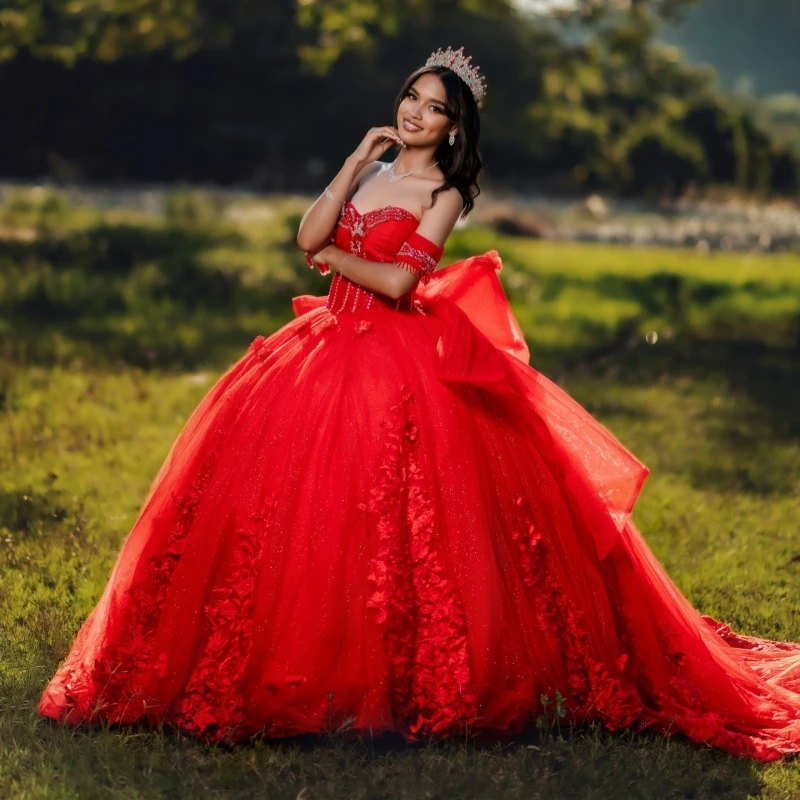 

Red Shiny Ball Gown Quinceanera Dresses Applique Flower Beading Crystal Bow Tull Corset Off The Shoulder Sweet 16 Dress vestidos