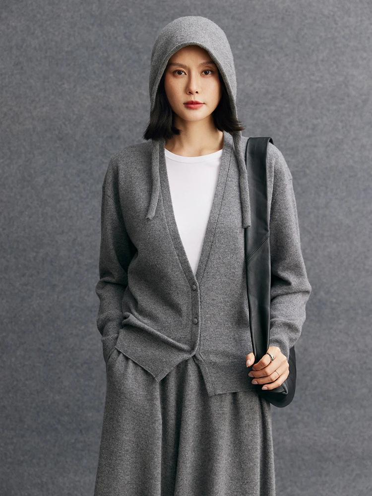 TLOML 여성 100% 캐시미어 스웨터 슈트 브이넥 가디건 롱 스커트 와이드 레그 팬츠 가을 겨울 부드럽고 따뜻한 캐시미어 니트웨어 슈트