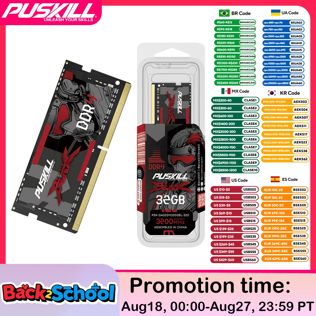 

PUSKILL Killblade Memória Notebook Ddr4 32gb 16gb 8gb 1.2V 3200mhz 2666mhz 260-PIN SODIMM Memoria RAM Laptop Memory