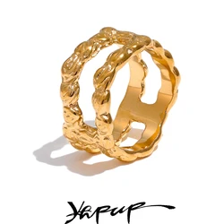 Yhpup Distinctive Stainless Steel Double Round Hollow Unusual Ring Water Resistant Metal Vintage Fashion Jewelry
