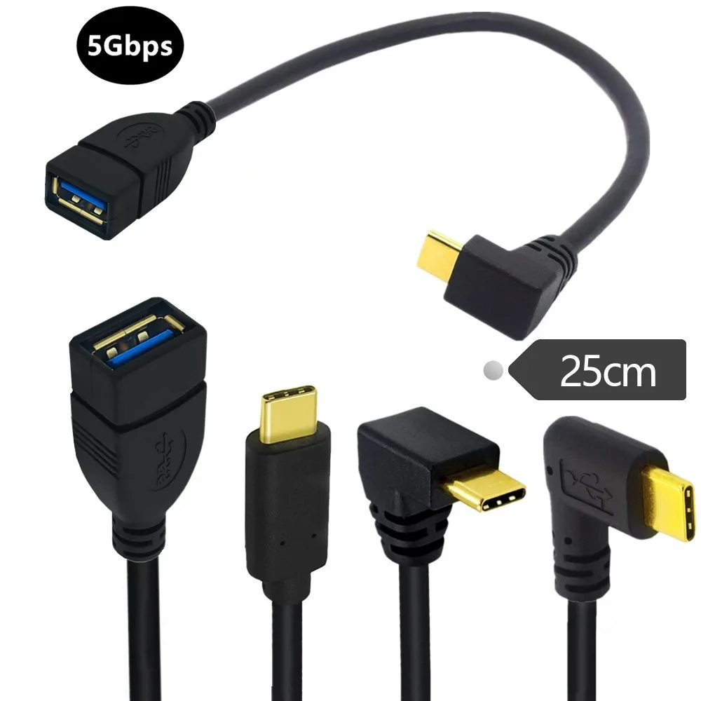 

Gold Plated 90° Angle USB 3.0 USB-A Female to Type-C Male 3.1 Data Sync Charger Charging Cable Cord OTG Black Color 0.25m