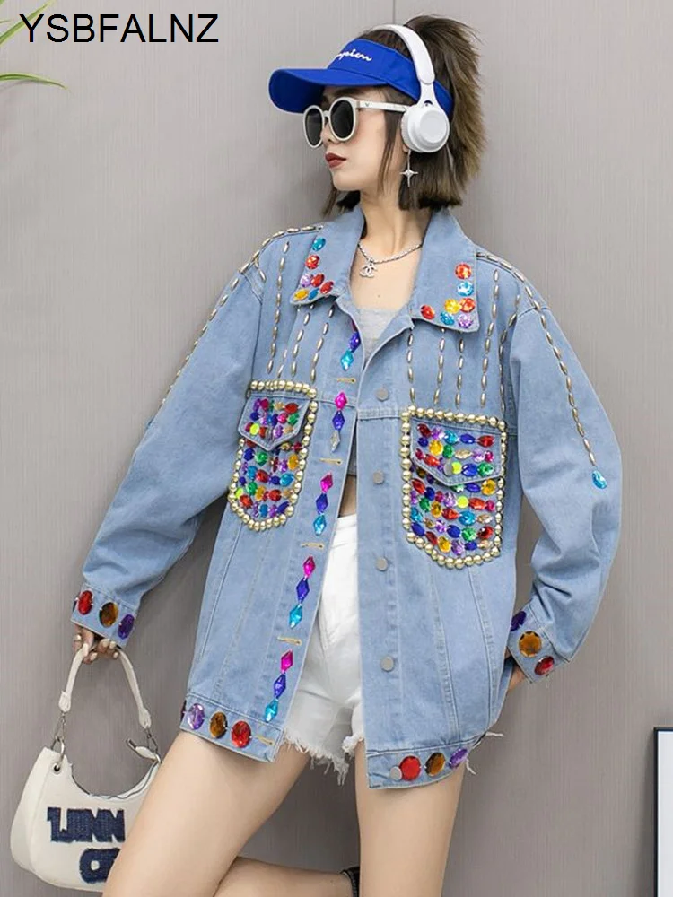 

Spring New High Quality Beaded Rainbow Diamond Rivet Sequin Design Denim Coat Women's Long Sleeve Loose Outerwear Jacket