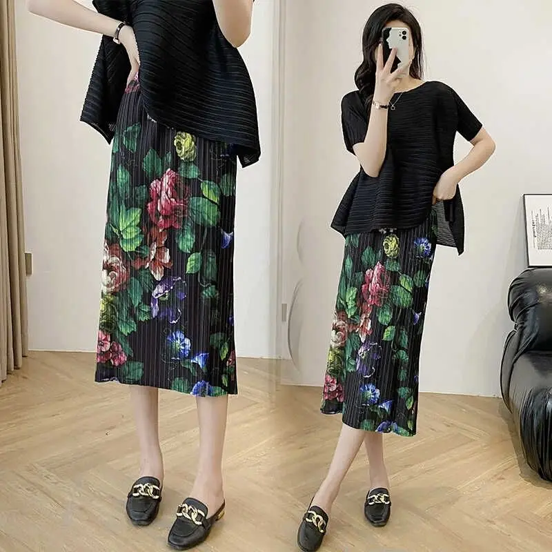 Chinese Style Retro Floral Pleated Design Skirts Women Spring Summer New Slim Fashion Female Skirt Casual Womens Clothing
