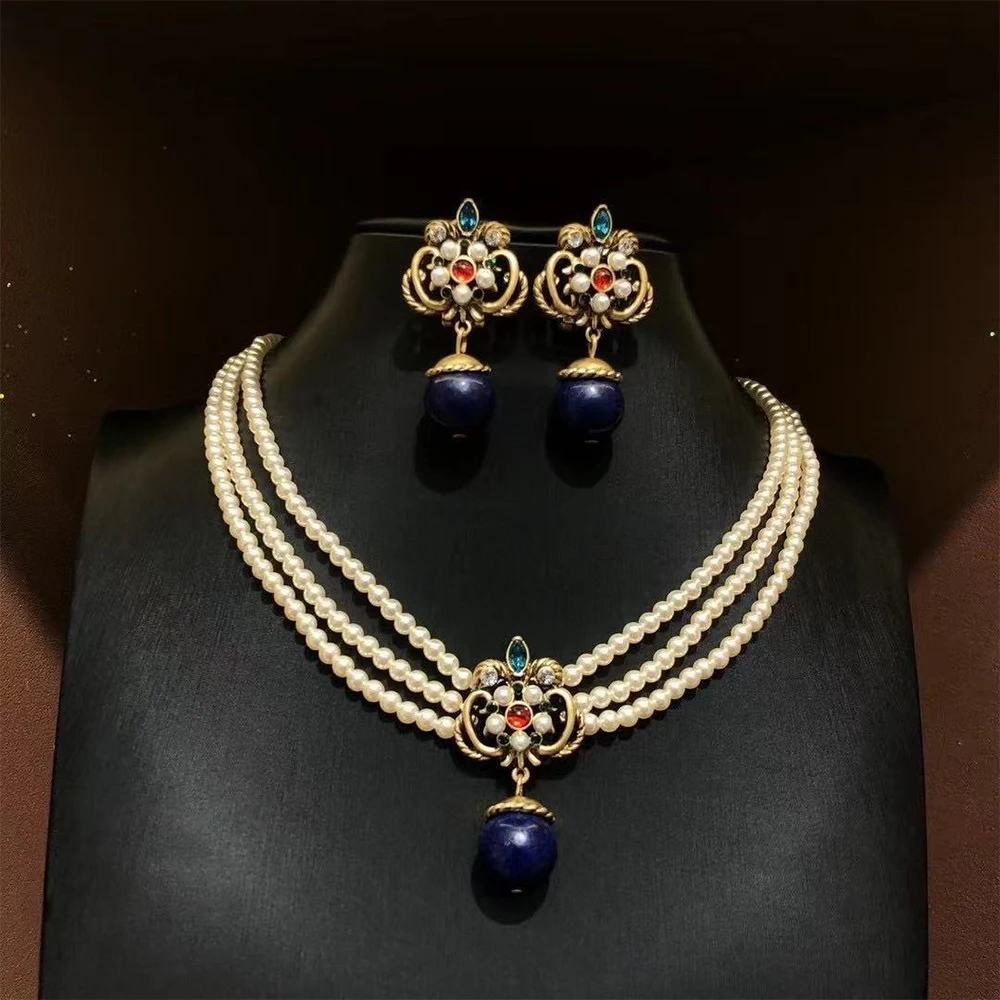 Vintage fashion classic lapis lazuli with pearl necklace earrings for women‘s girl party gift jewlry wholesale