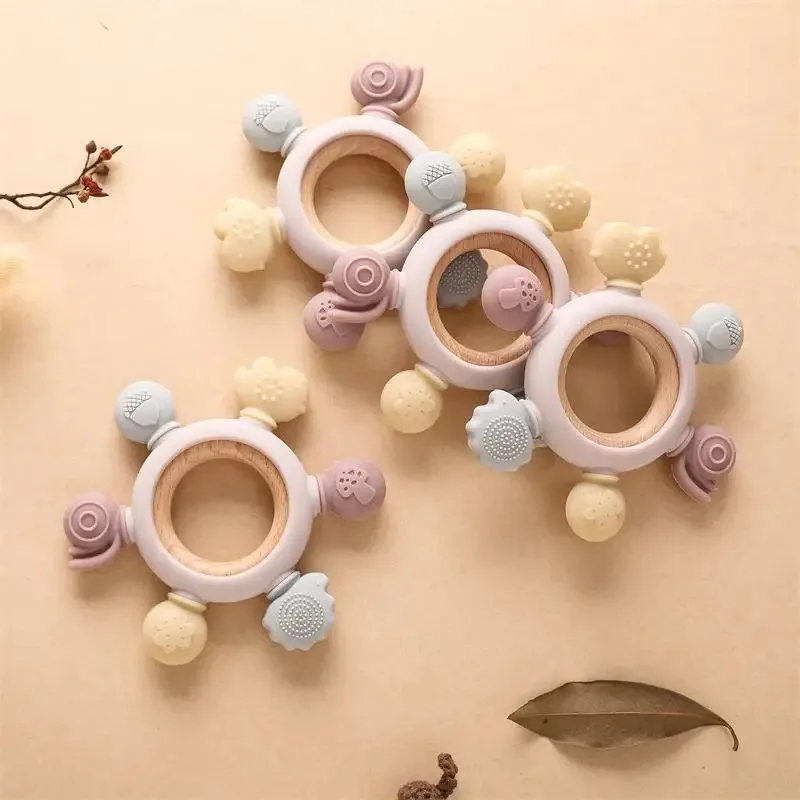 Food Grade Baby Silicone Teether Ring Toy Infant Care Kid Teething Gift Rudder Shape Wood Ball Sound Cognitive Set