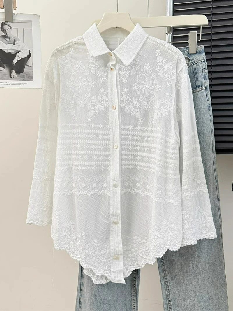 Cotton Floral Embroidery Long Sleeve Loose Shirt Vintage Chic Victorian Edwardian Classy Youth Blouse Smock Irregular Blusas