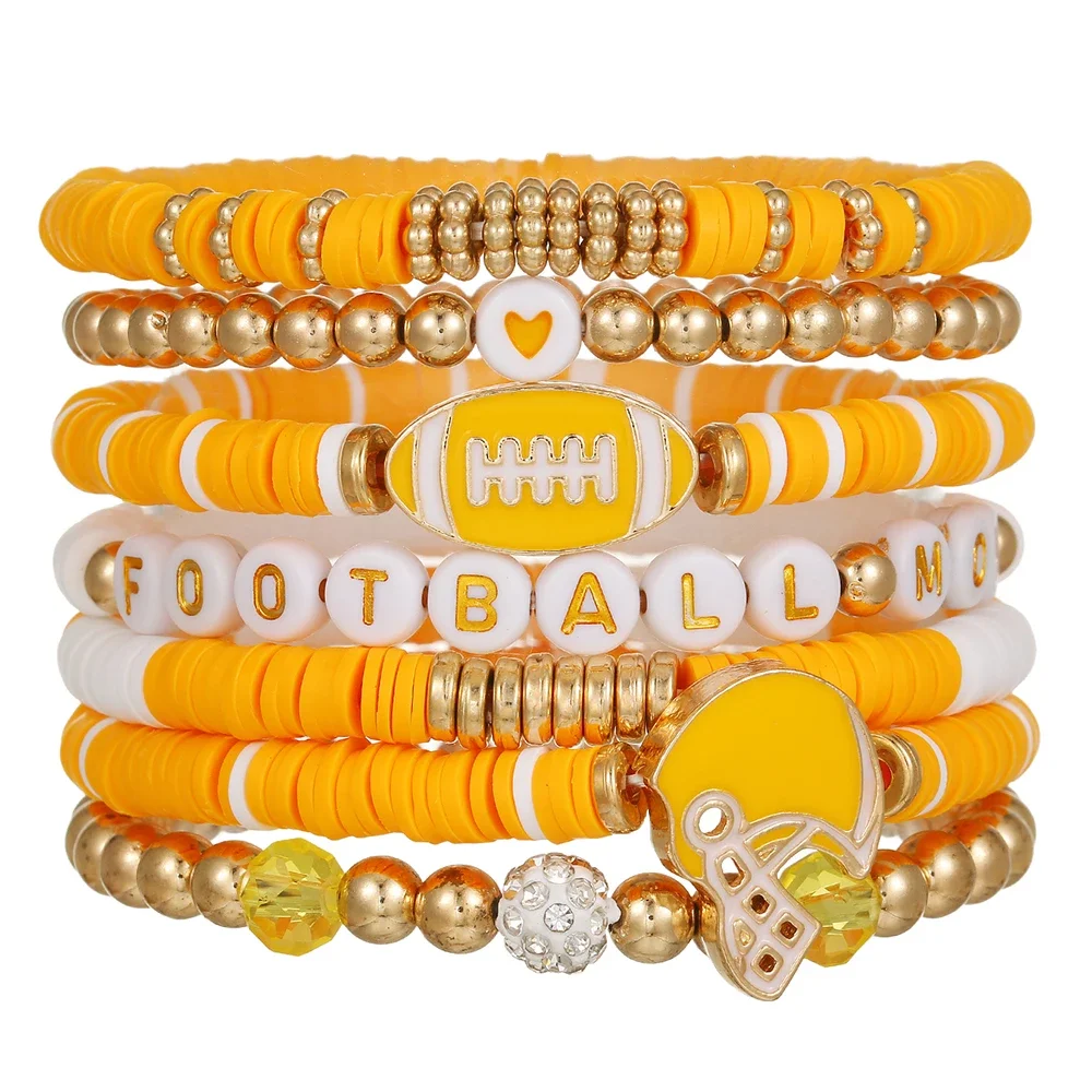 

7Pcs Multi-layer Rugby Polymer Clay Beads Bracelet for Unisex Game Day Rugger Stackable Wrist Set Jewelry Gift for Football Fans