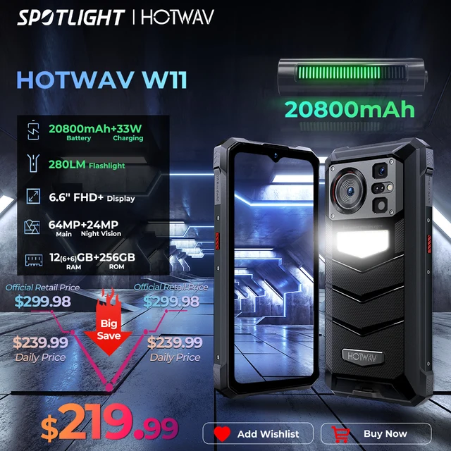 [Światowa premiera] HOTWAV W11 Wytrzymały telefon 20800mAh 280LM Latarka 6,6 '' FHD + Smartfon 33W 24MP Noktowizor Telefon komórkowy