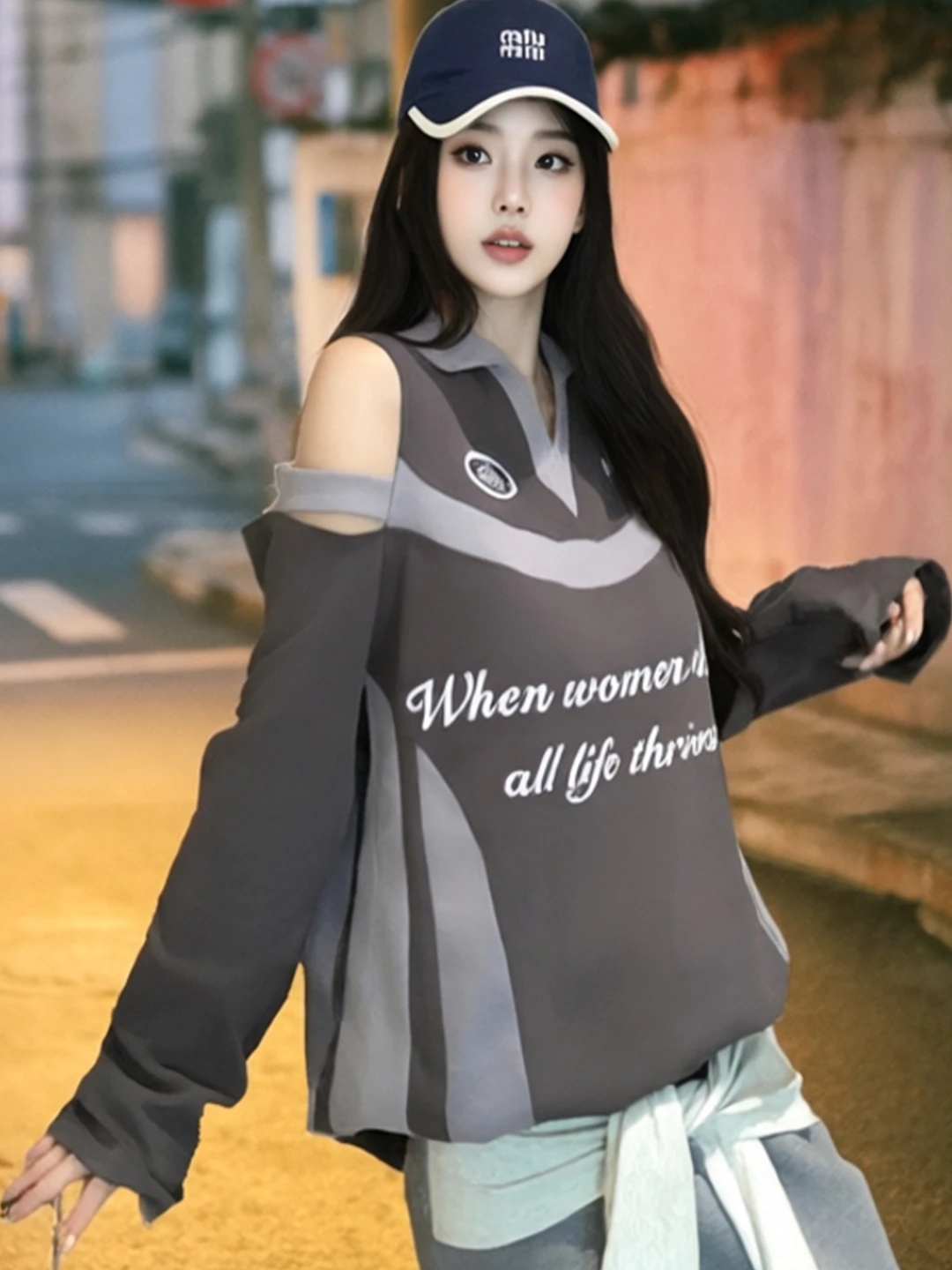 

Sweet Cool Spicy Girl Color Collision Print Long Sleeve T-Shirt Women's Autumn Winter Middle Length Loose Shoulder Exposure F...