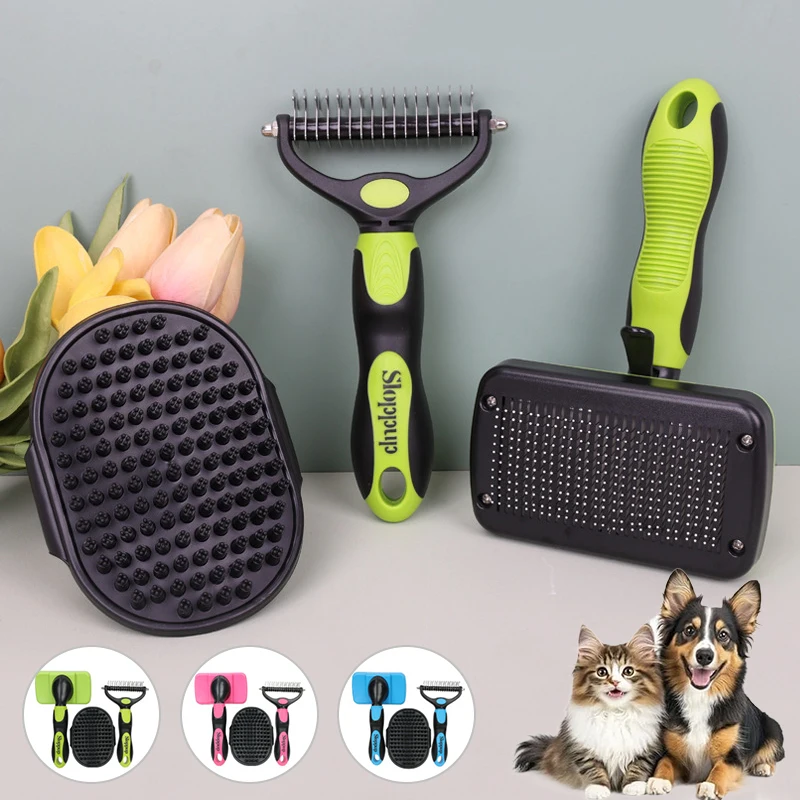 3PCS Self Cleaning Slicker Brush & Pet Grooming Rake & Bath Brush for Dogs,Cats | Dematting Comb & Deshedding Grooming Tool