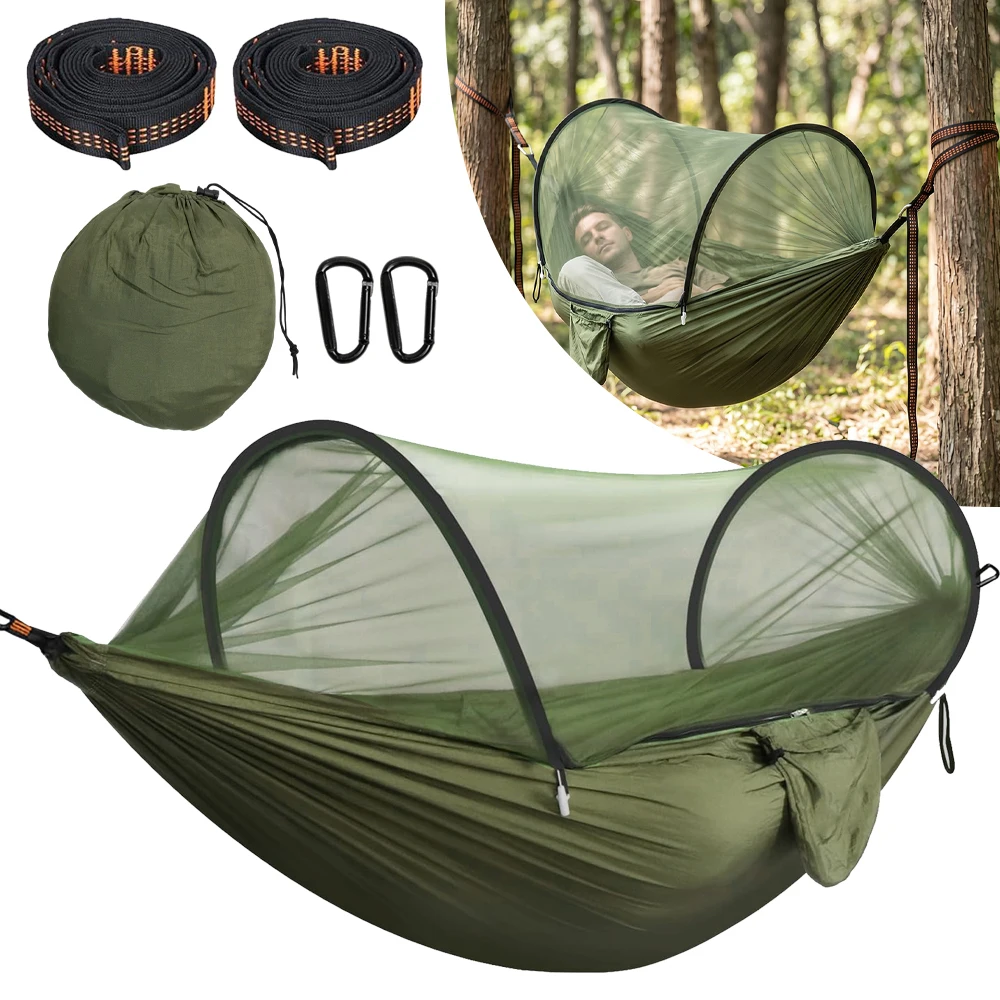 Hamac de camping extérieur avec moustiquaire, ouverture rapide automatique, hamac suspendu en tissu, lit de couchage suspendu pour la randonnée, la pêche, la chasse, vert 275x140cm, capacité de charge supérieure à 300 kilogrammes.