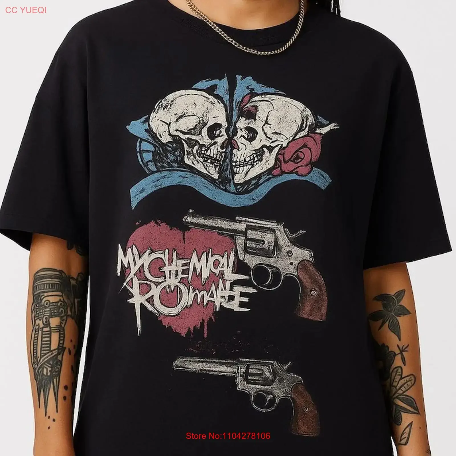 My Chemical Romance Skull T-Shirt Emo Rock Revolver MCR Grunge Band Vintage Washed Stretched Streetwear-Oberteil für den Alltag