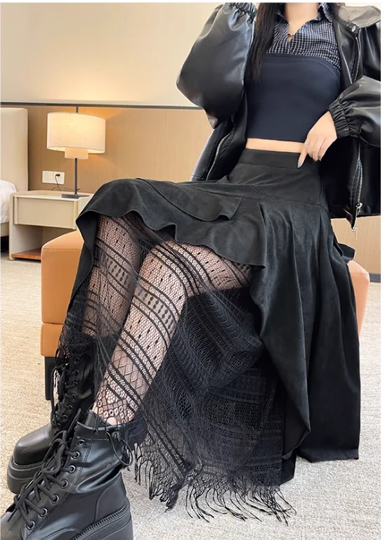 女性秋冬甘いフリルレーススプライシングレジャースカートハイウエスト A ライン不規則な韓国ルーズ多用途ストリートスカート