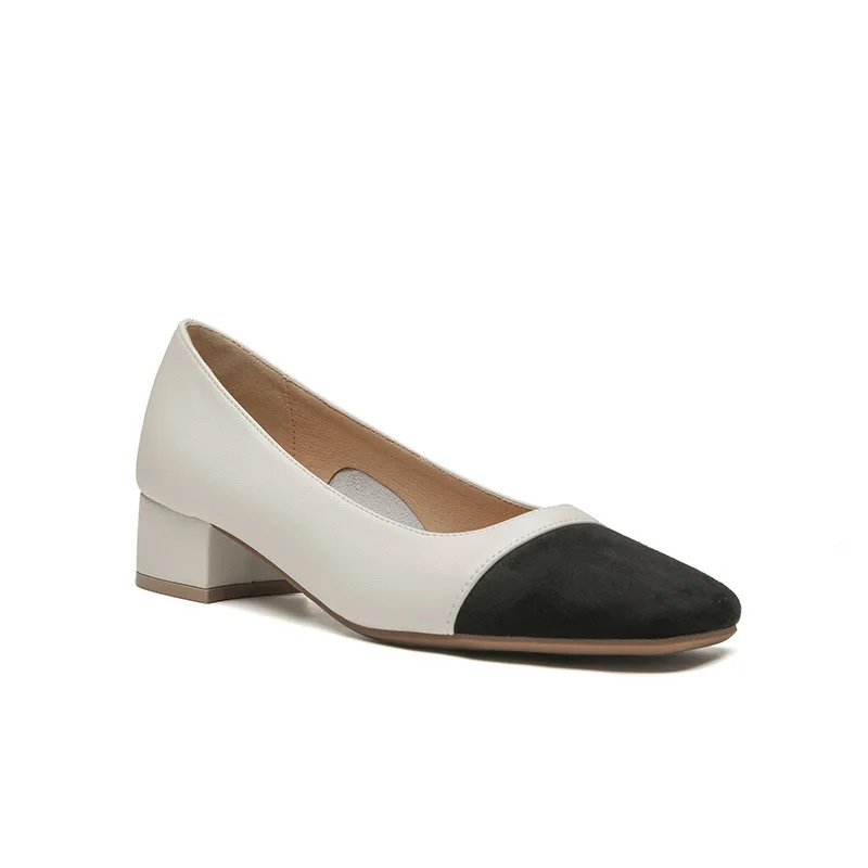 Leather Color Matching Thick Heel Single Shoes Womens 2025 Summer New Middle Heel Light Mouth Soft Sole Black High Hels Women