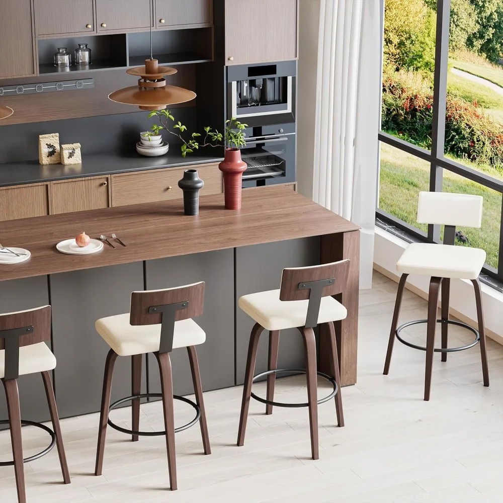 مجموعة مقاعد بار ذات ارتفاع مضاد مكونة من 2، مقاعد منجدة من الجلد الصناعي مقاس 29 بوصة مع ظهر، ومسند للقدمين، وأرجل منحنية ذات ملمس خشبي،