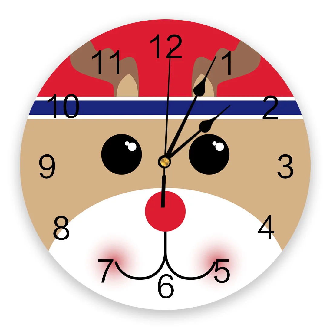 Christmas Deer Red Brown Cute Face Round Wall Clocks Desktop Digital Clock Non-ticking Creative Childrens Room Wall Watch