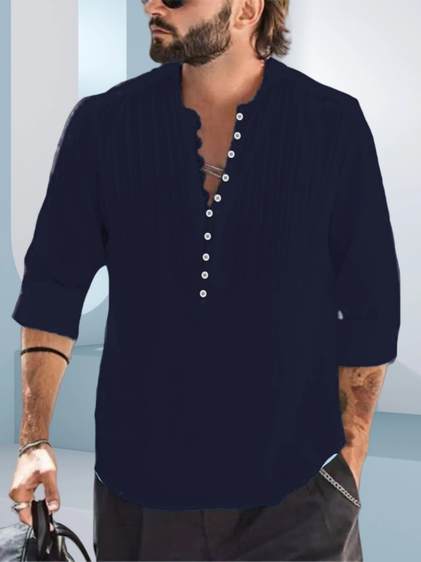 Spring and autumn new style men's casual fashionable long-sleeved shirt, plain color comfortable multi-pleated shirt