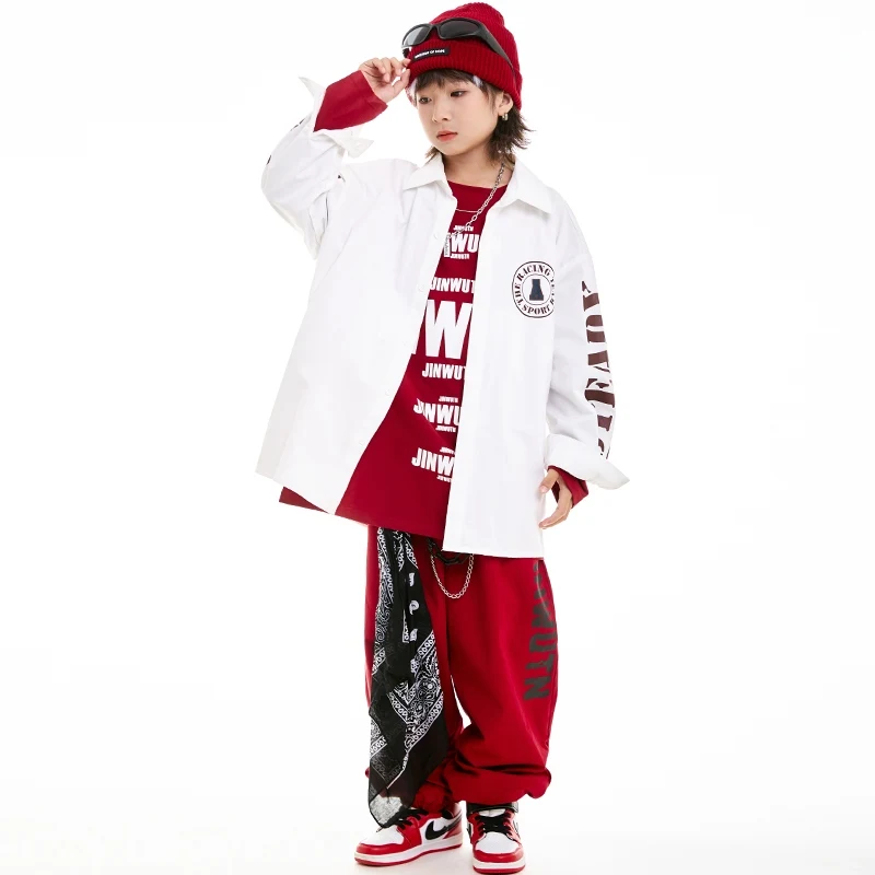 Children's Hip-Hop Costume Street Dance Clothing Autumn Winter White Long Sleeved Loose Suit Boys' Performance Outfits DN19144