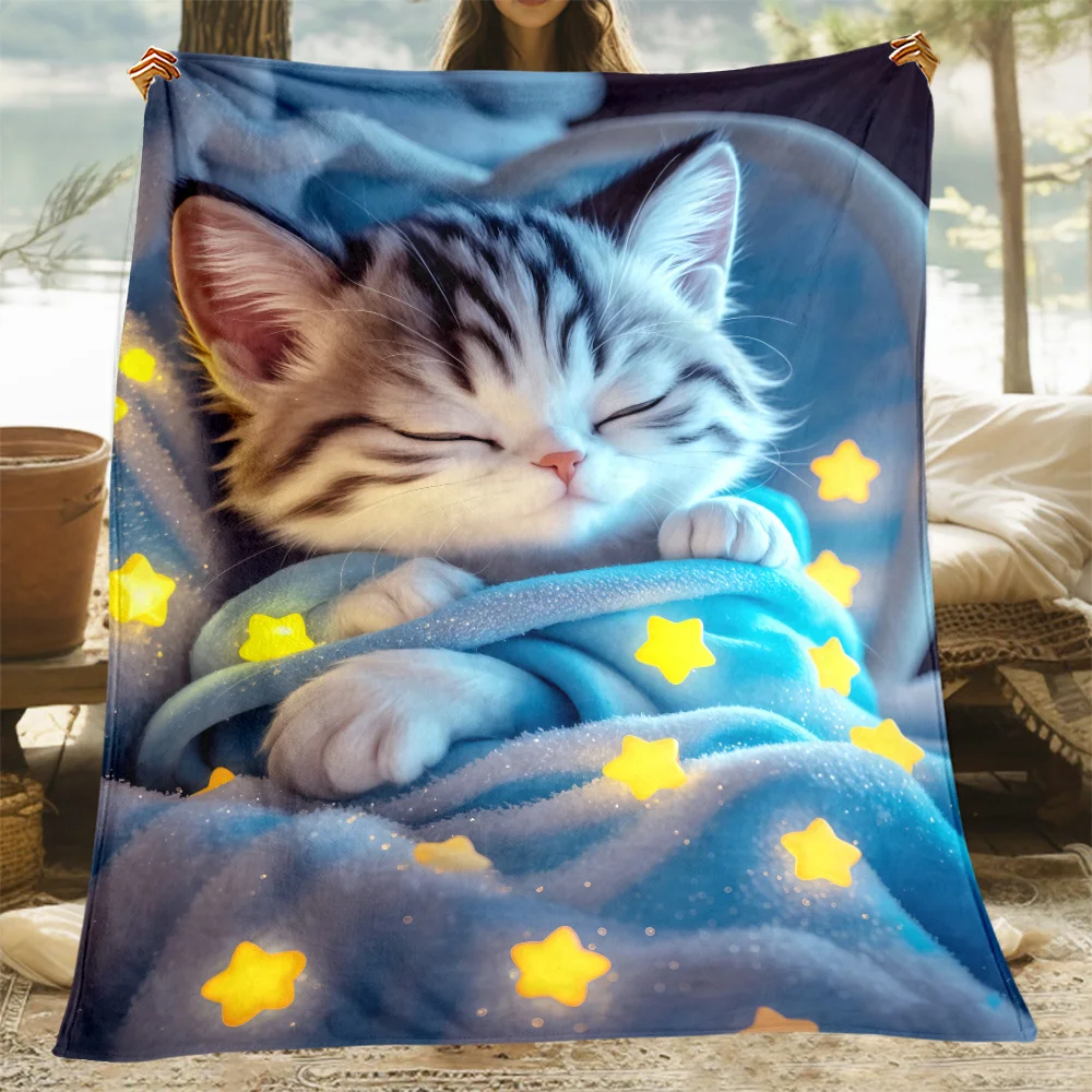 Luminous Blue Star Cat Blanket - Soft Lightweight Flannel Throw,Tear-Resistant, Bed, Travel, Office - Ideal Gift for Cat Lovers