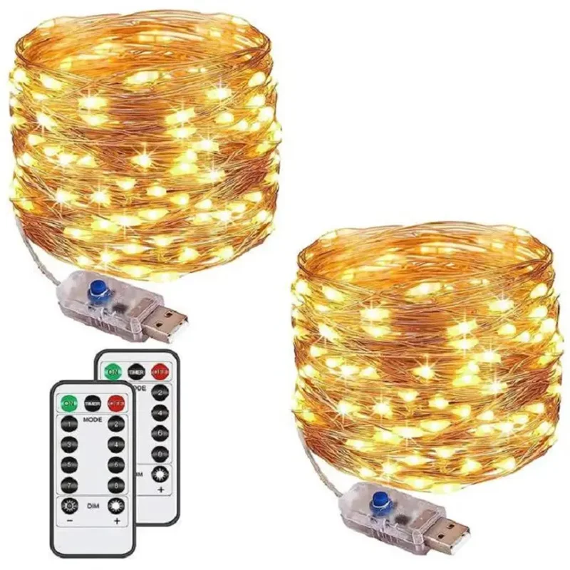USB Plug-In Copper Wire Fairy Lights with Remote Control 8 Modes Waterproof Timer for Holiday Decor
