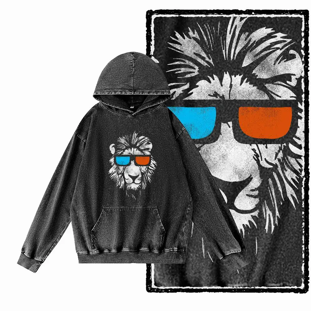 

G29 Acid Washed Black Cotton Cool Lion Graphic Men Hoodies | Streetwear Big Size Vintage O-neck men's Hoodie