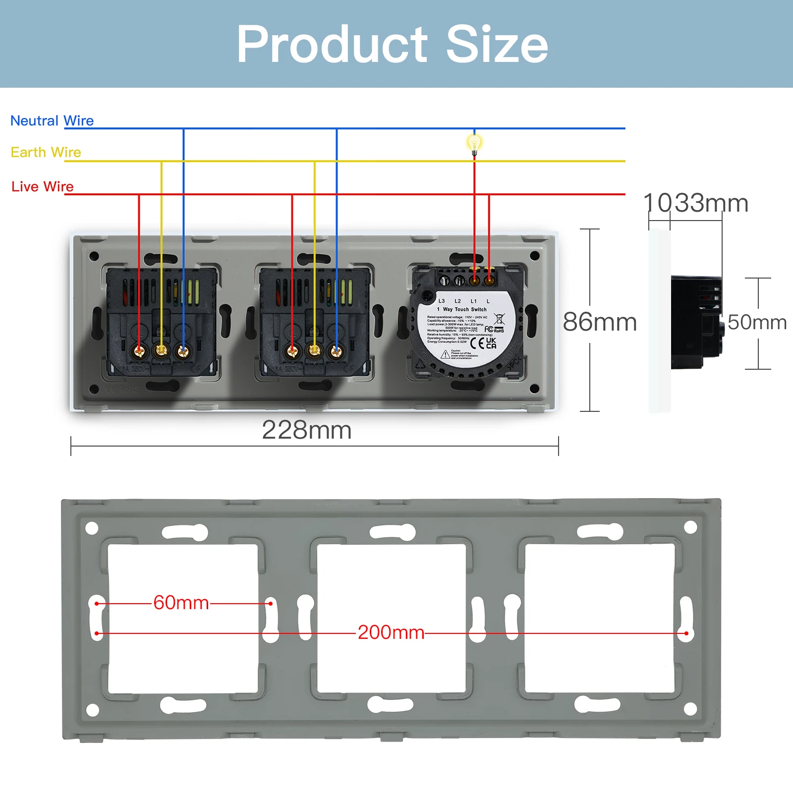 BSEED 1/2/3Gang Touch Switch 1Way Light Switches EU Wall Socket USB Type-c Electric Sockets Glass Panel Blue Backlight