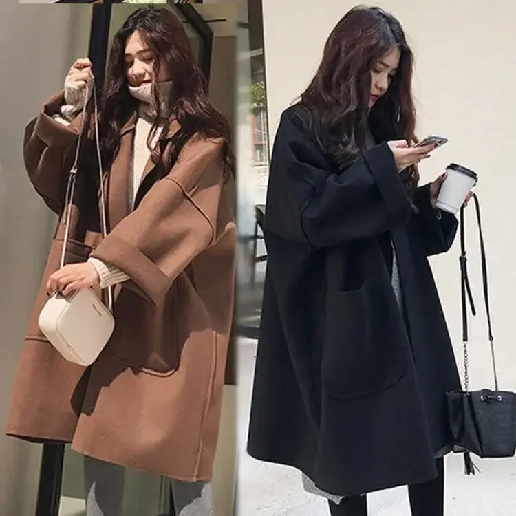 Elegant Woolen Trench Coat Winter for Women Vintage Windbreakers Jacket Mid-Length Loose Turn-Down Collar Plus Size 4XL Cardigan