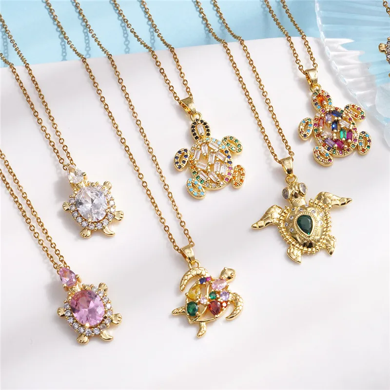 Light Luxury Turtle Zircon Necklace Stainless Steel Chain Fashion Sea Animal Pendant Choker Jewelry Party Gifts For Women Girls