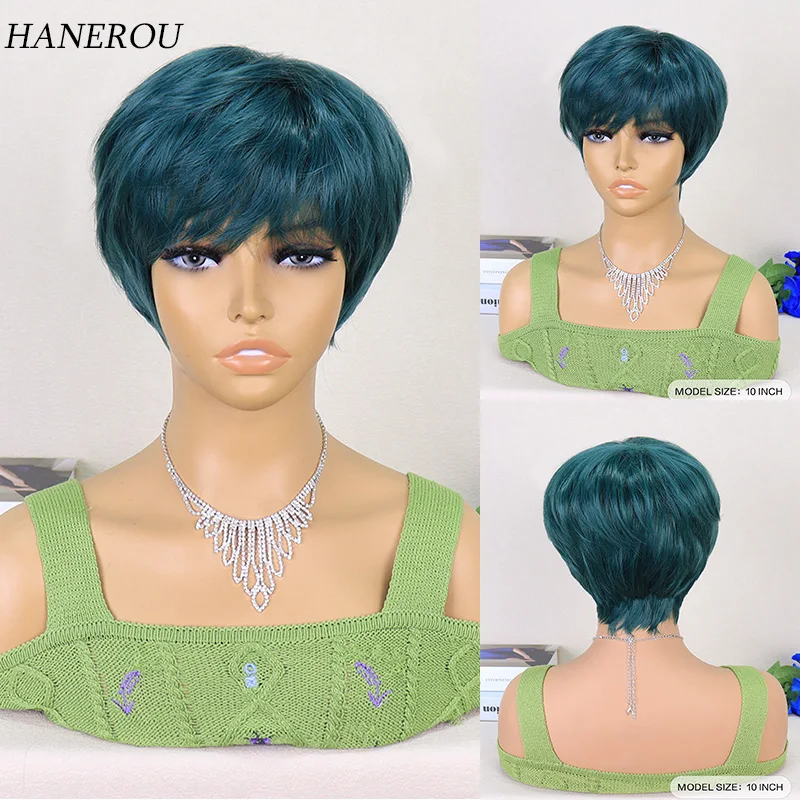 Short Wigs Women Peacock Green Curly Wigs Synthetic Hair Pixie Cut Wig With Bangs For Women Daily Fake Hair Looking Natural