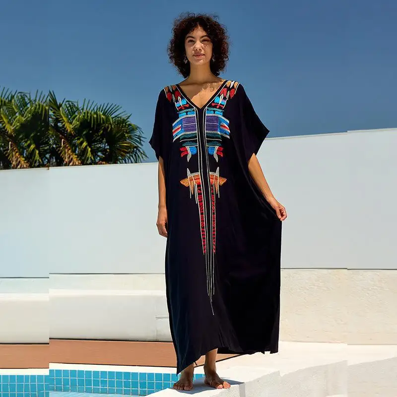 Women Black V Neck Bikini Cover Up Kaftan Robe Holiday Vocation Loose Beach Dress Bathing Suit Cover Up Beach Wear