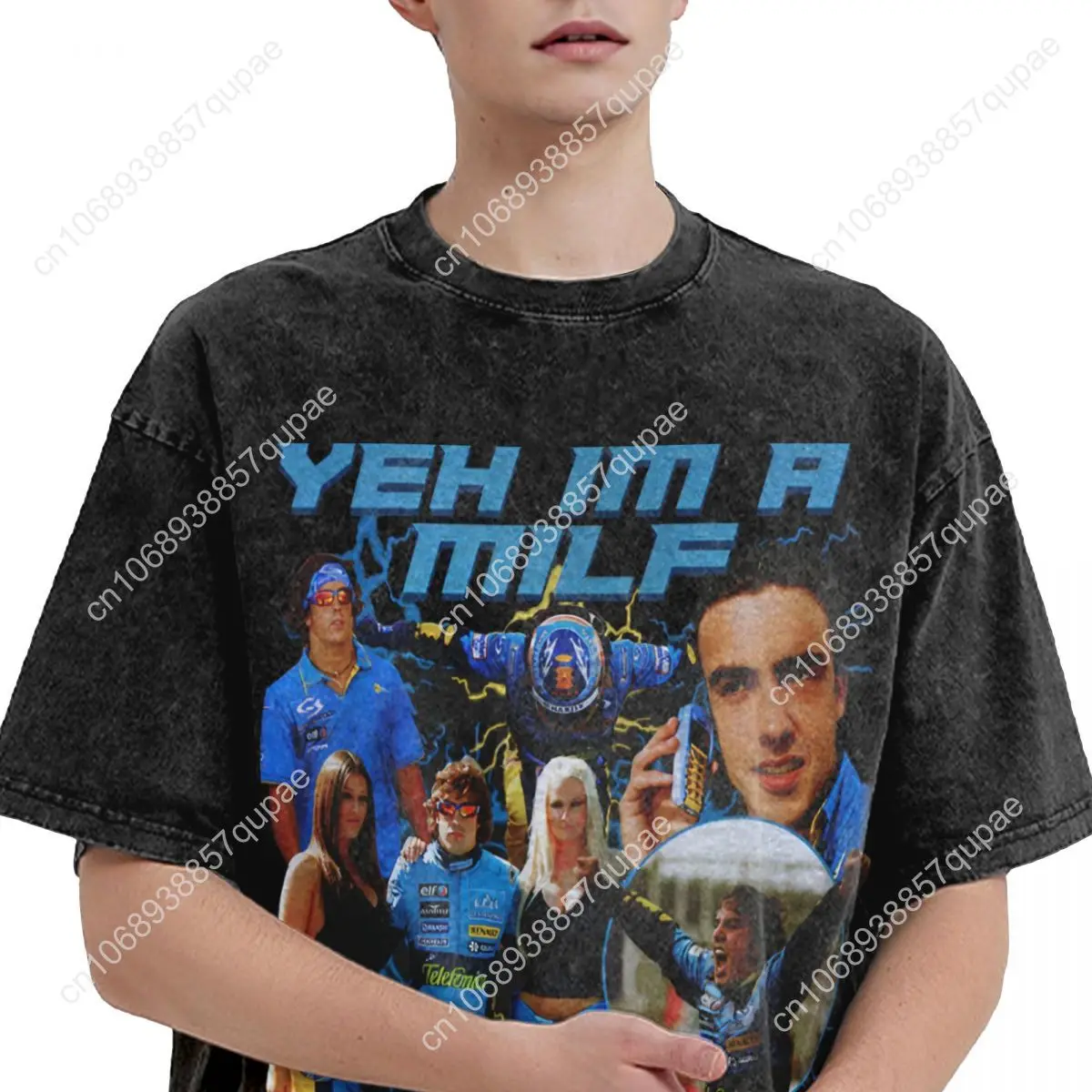 Camiseta lavada de gran tamaño Fernandos Alonsos MILF, camisetas de algodón, camiseta de tendencia para hombre, camisetas con estampado Retro Y2K de verano