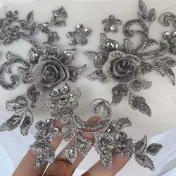 1PCS/19*12CM 3d Flower Beaded Appliques sewing patch,Sequins Lace Emboridery Sew On Patches Decoration For Wedding Dresses