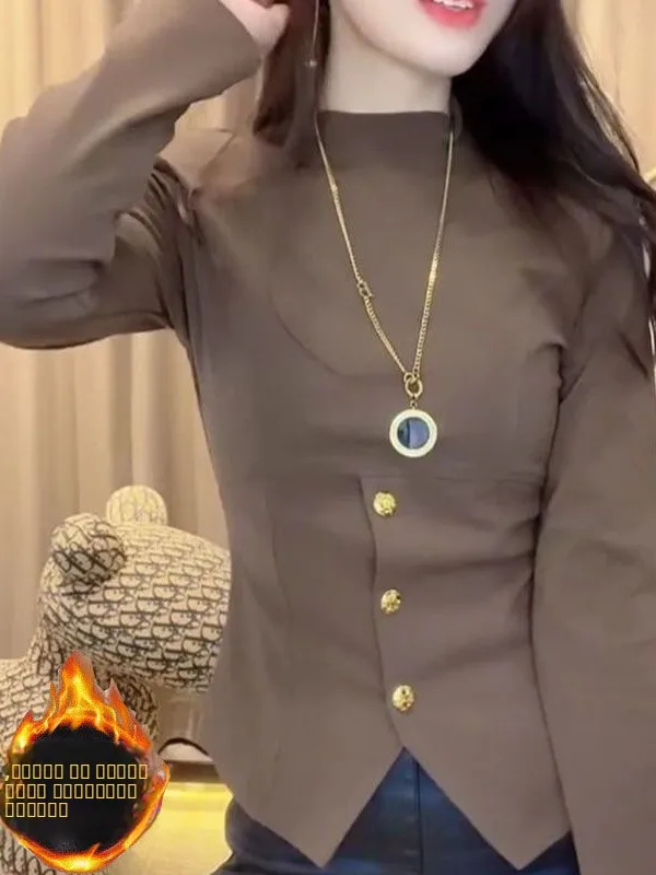 

Slim Fit Long Sve Stand Collar Metal Button T-irt Women's Retro Sle Base irt Top Trendy Autumn Winter New Arrival