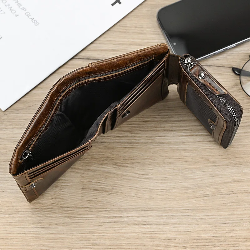 Luufan Leather Men‘s Short Wallet Hasp Genuine Leather Unisex Zipper Coin Clutch Purse Cowhide Card Holder Trifold Man wallets