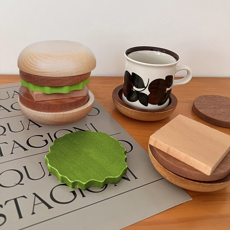 

1 Set Hamburg Shape Teacup Tray 6 In 1 Wood Coaster Table Cupcake Snack Dessert Pads Anti-slip Burger Insulation Cup Mug Mat