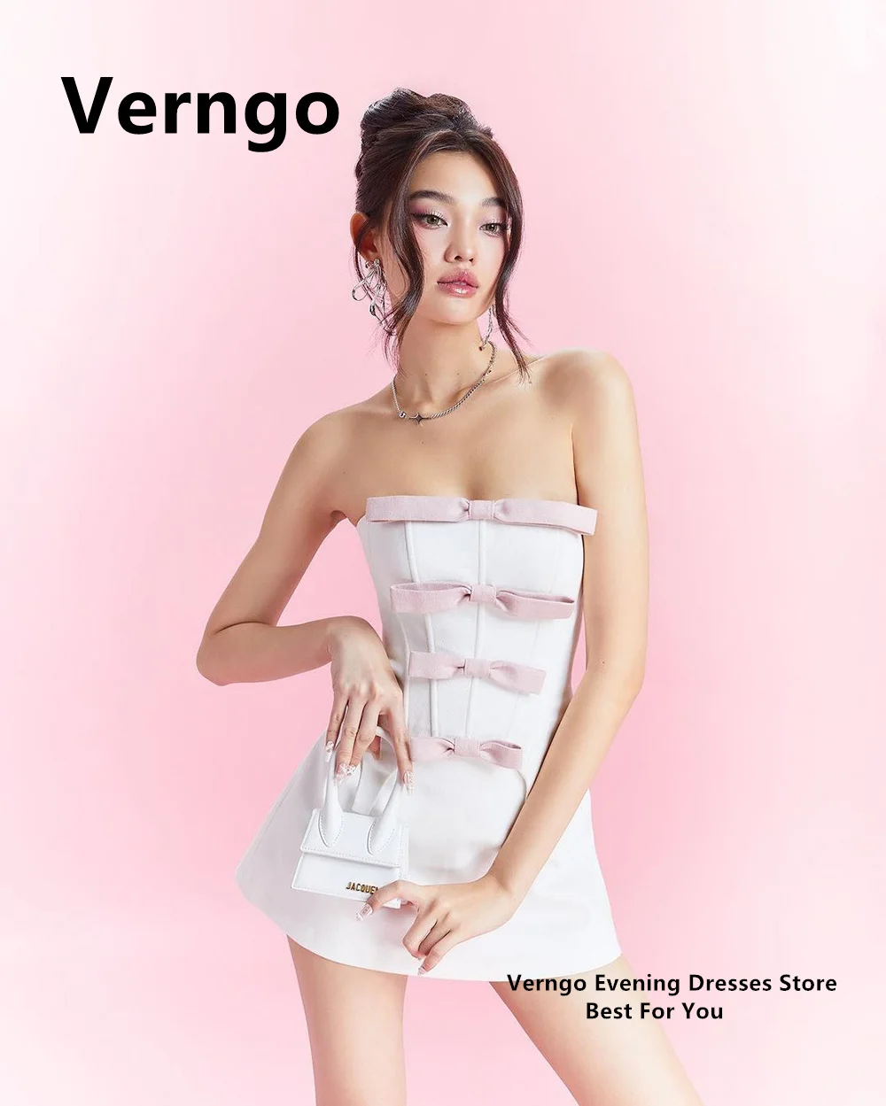 Verngo Strapless Sleeveless Mini Dresses A Line Evening Party Dresses For Women Bow Graduation Dress Birthday Dresses