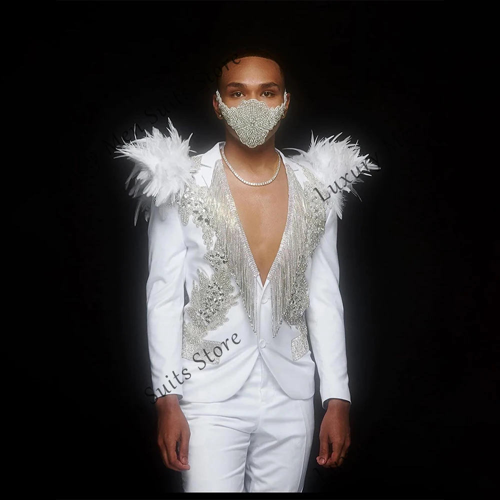 

Роскошные мужские костюмы с кисточками, комплект из 2 предметов, смокинги с перьями и бриллиантами, свадебный пиджак для жениха, брюки по индивидуальному заказу, костюм homme luxe