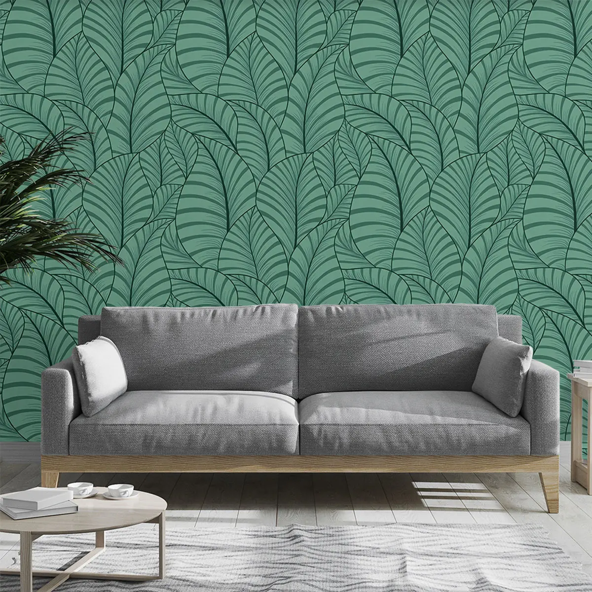 Circular wallpaper with green striped banana leaf pattern waterproof and conceal flaws