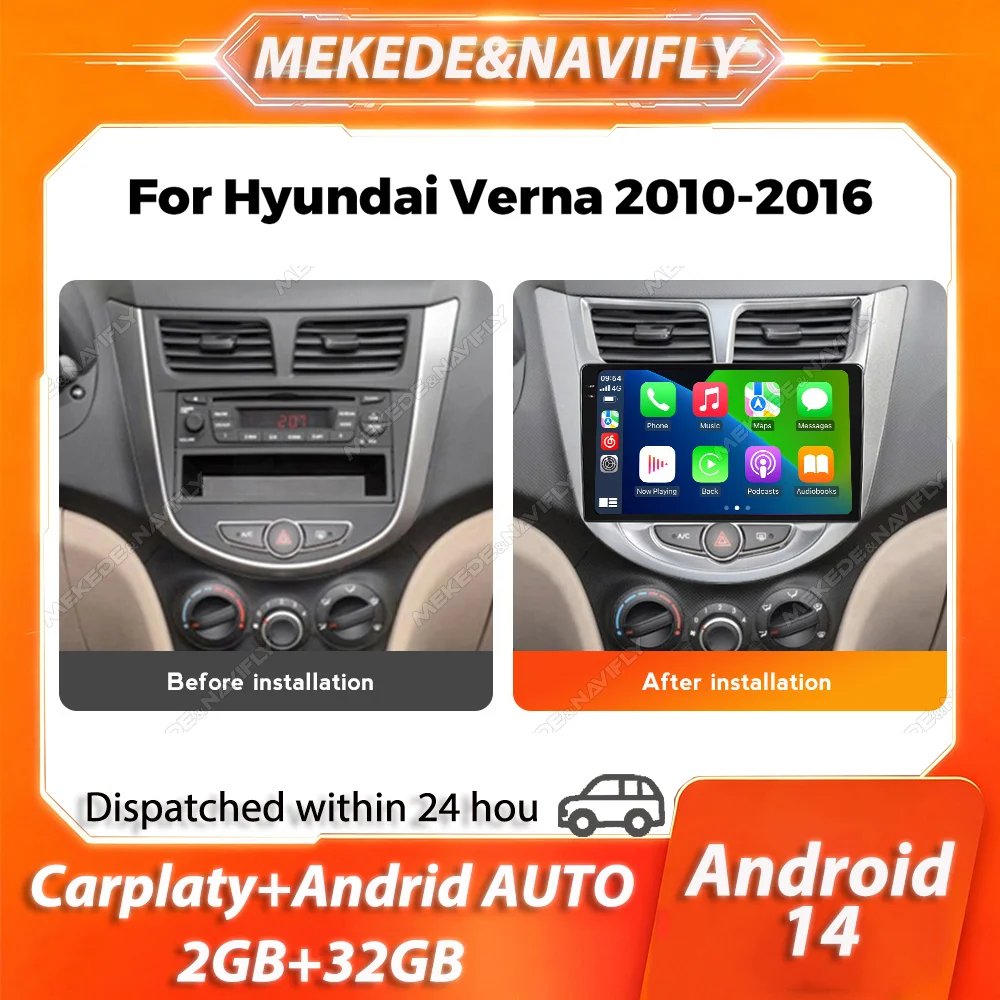 MEKEDE 2 Din Carplay für Hyundai Solaris Verna Accent 1 2010-2016 Android 14 Autoradio Stereo Intelligentes Audiosystem