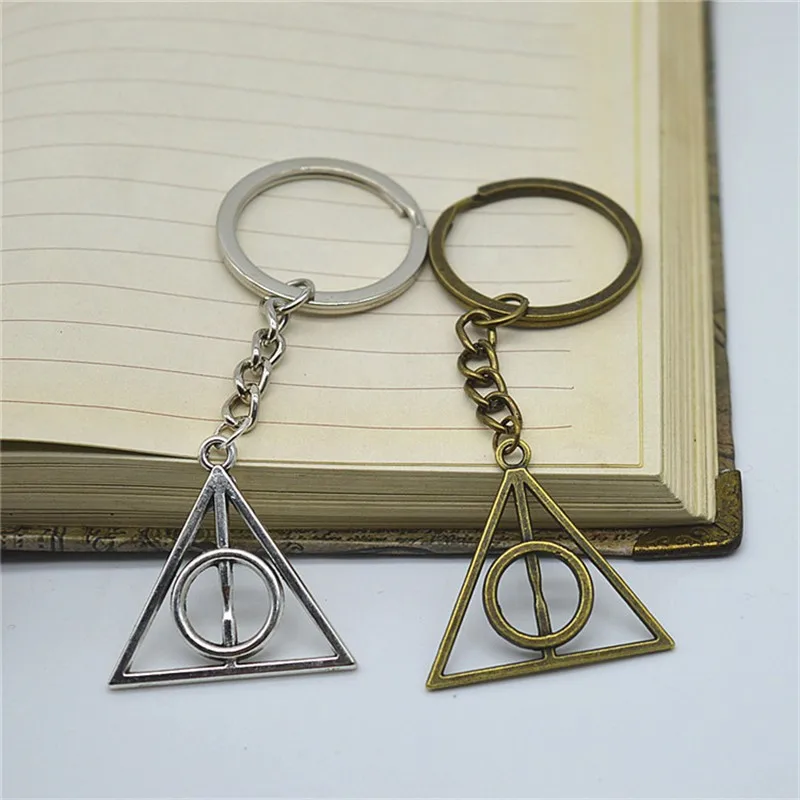 Fashion Keychain  Deathly Hallows Bronze Silver Color Pendant DIY Men Jewelry Car Key Chain Ring Holder Souvenir For Gift