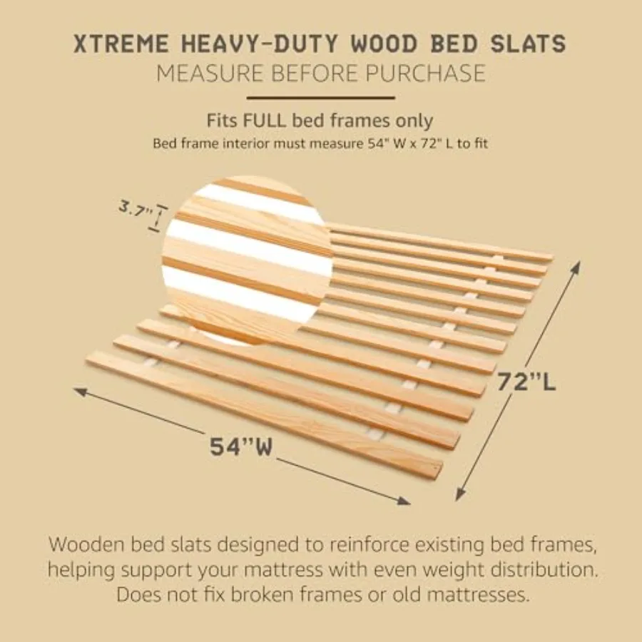 Full Size Xtreme Bed Frame Support Slats for Heavy-Duty Use, Solid Pine Material, Natural Wood Color, Reinforced Stability and
