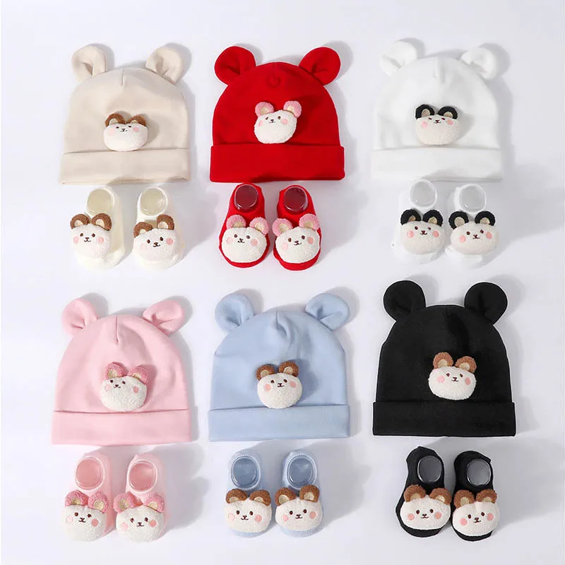 2PCS/Set Baby Newborn Cap Socks Cute Cartoon Doll Boy Girl Cotton Pullover Hats Infant Short Socks Kids Knitted Beanies Socks