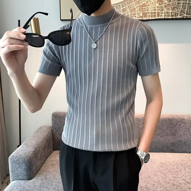 Pishuai Knitted-Shirt Men'S Short Sleeve Handsome Spring Summer Ribbed Sweater Half High Collar Thin Base Shirt